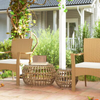 Gartentisch rund 2er Set Polyrattan wetterfest mit Glasplatte braun