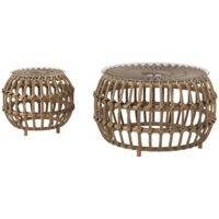 Gartentisch rund 2er Set Polyrattan wetterfest mit Glasplatte braun