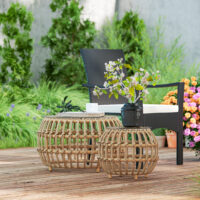 Gartentisch rund 2er Set Polyrattan wetterfest mit Glasplatte braun