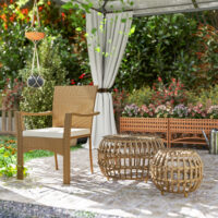 Gartentisch rund 2er Set Polyrattan wetterfest mit Glasplatte braun