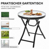 Gartentisch rund klappbar mit Glasplatte für Balkon schwarz