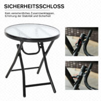 Gartentisch rund klappbar mit Glasplatte für Balkon schwarz