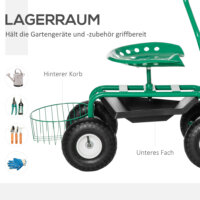 Ein grüner Gartenwagen mit Drehsitz und Ablagekorb.