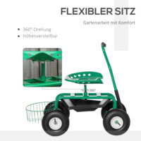 Ein grüner Gartenwagen mit Drehsitz und Ablagekorb.