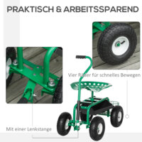 Ein grüner Gartenwagen mit Drehsitz und Ablagekorb.