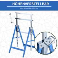 Blaues 2er-Set höhenverstellbarer Gerüstböcke, robust und vielseitig einsetzbar für Bau- und Renovierungsarbeiten.