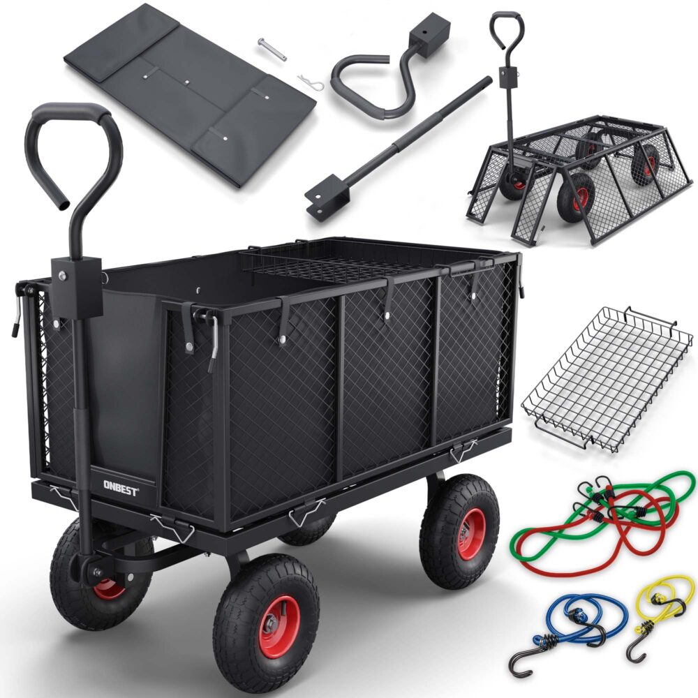 Schwerlast-Bollerwagen mit Gitterwänden und großer Ladekapazität.