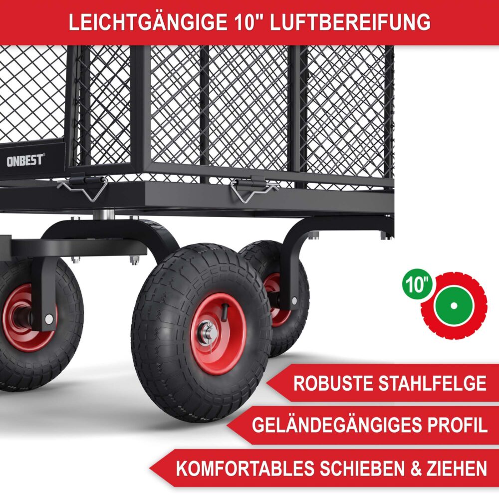 Schwerlast-Bollerwagen mit Gitterwänden und großer Ladekapazität.