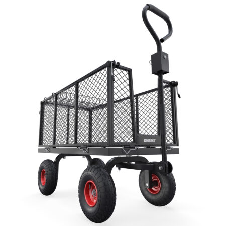 Schwerlast-Bollerwagen mit Gitterwänden und großer Ladekapazität.