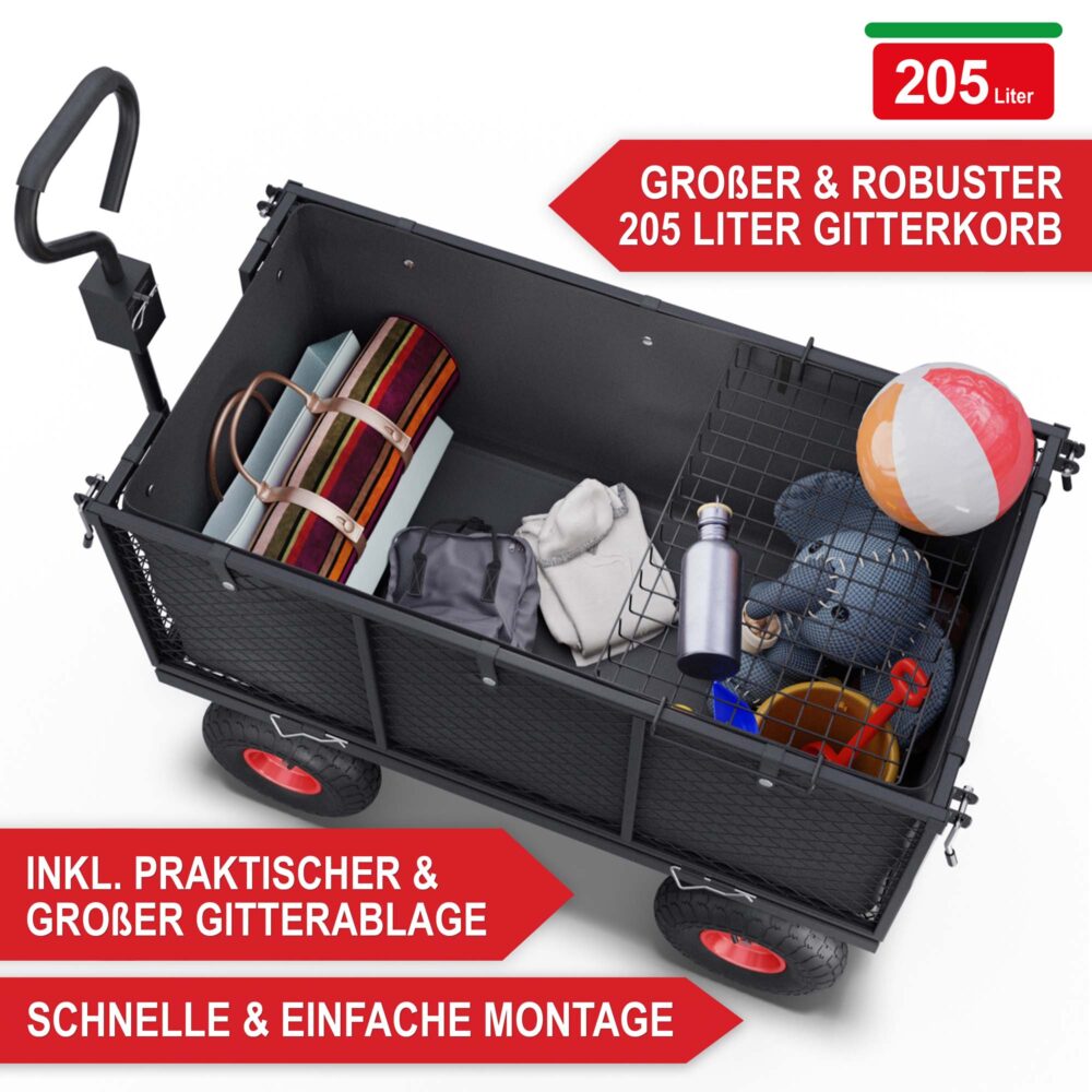 Schwerlast-Bollerwagen mit Gitterwänden und großer Ladekapazität.