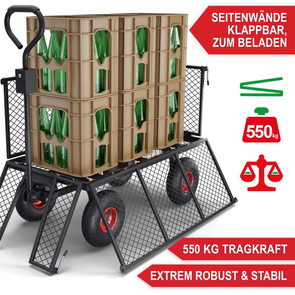 Schwerlast-Bollerwagen mit Gitterwänden und großer Ladekapazität.