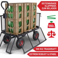 Schwerlast-Bollerwagen mit Gitterwänden und großer Ladekapazität.