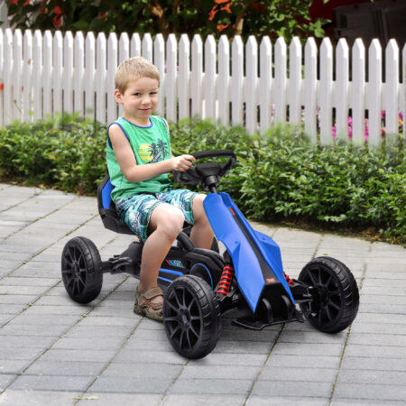 Blaues Gokart als Kinderfahrzeug mit verstellbarem Sitz und Handbremse, geeignet für Kinder von 3-8 Jahren. Fördert sportliche Aktivität und Kontrolle.