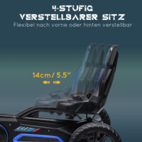 Blaues Gokart als Kinderfahrzeug mit verstellbarem Sitz und Handbremse, geeignet für Kinder von 3-8 Jahren. Fördert sportliche Aktivität und Kontrolle.