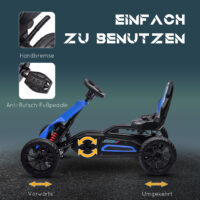 Blaues Gokart als Kinderfahrzeug mit verstellbarem Sitz und Handbremse, geeignet für Kinder von 3-8 Jahren. Fördert sportliche Aktivität und Kontrolle.
