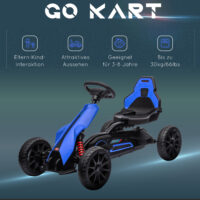 Blaues Gokart als Kinderfahrzeug mit verstellbarem Sitz und Handbremse, geeignet für Kinder von 3-8 Jahren. Fördert sportliche Aktivität und Kontrolle.