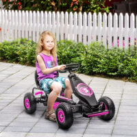 Rosa Gokart als Tretfahrzeug mit verstellbarem Sitz, geeignet für Kinder von 5-12 Jahren. Es bietet sportlichen Fahrspass und wächst mit.