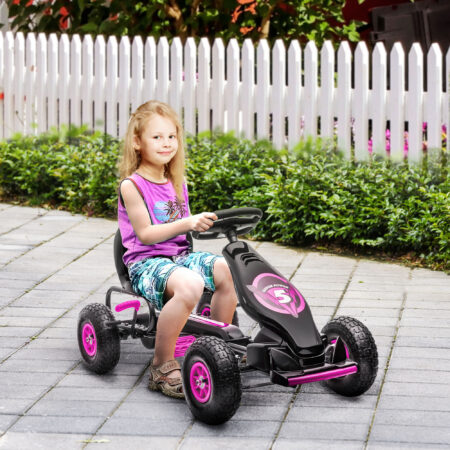 Rosa Gokart als Tretfahrzeug mit verstellbarem Sitz, geeignet für Kinder von 5-12 Jahren. Es bietet sportlichen Fahrspass und wächst mit.