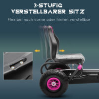 Rosa Gokart als Tretfahrzeug mit verstellbarem Sitz, geeignet für Kinder von 5-12 Jahren. Es bietet sportlichen Fahrspass und wächst mit.