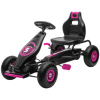 Rosa Gokart als Tretfahrzeug mit verstellbarem Sitz, geeignet für Kinder von 5-12 Jahren. Es bietet sportlichen Fahrspass und wächst mit.