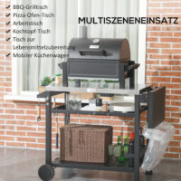 Grillstation Grillwagen mobil mit Zubehör Outdoor schwarz silber