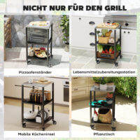 Grillwagen mobil mit Edelstahl Arbeitsfläche und Ablagen schwarz