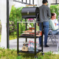 Grillwagen mobil mit Edelstahl Arbeitsfläche und Ablagen schwarz