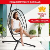 Wetterfester Hängesessel in Rattan-Optik, drehbar und leicht klappbar.