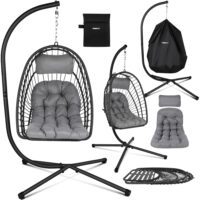 Klappbarer Hängesessel in Rattan-Optik, drehbar und wetterfest.