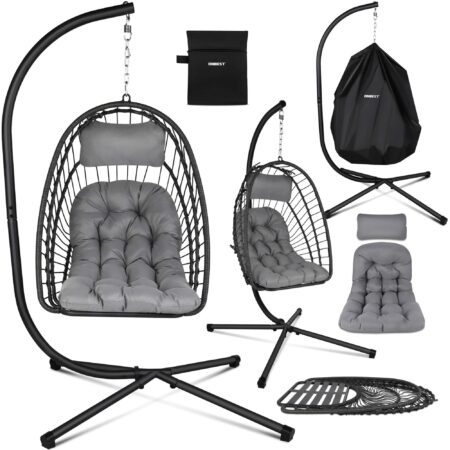 Klappbarer Hängesessel in Rattan-Optik, drehbar und wetterfest.