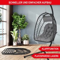 Klappbarer Hängesessel in Rattan-Optik, drehbar und wetterfest.