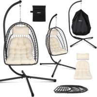 Wetterfester Hängesessel in Rattan-Optik, drehbar und leicht klappbar.