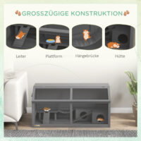 Dunkelgrau-naturfarbener Hamsterkäfig aus Holz (100cm) mit Hängebrücke.