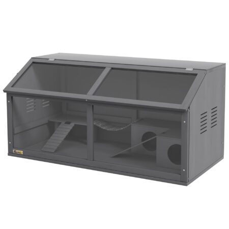 Dunkelgrau-naturfarbener Hamsterkäfig aus Holz (100cm) mit Hängebrücke.