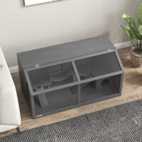 Dunkelgrau-naturfarbener Hamsterkäfig aus Holz (100cm) mit Hängebrücke.