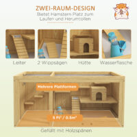 Naturfarbener Hamsterkäfig aus Holz (100cm) mit Spielhaus, Schaukeln & Leitern.