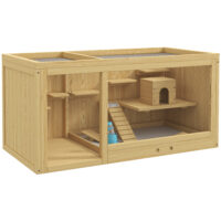 Naturfarbener Hamsterkäfig aus Holz (100cm) mit Spielhaus, Schaukeln & Leitern.