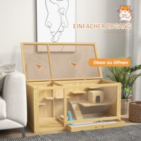 Naturfarbener Hamsterkäfig aus Holz (100cm) mit Spielhaus, Schaukeln & Leitern.