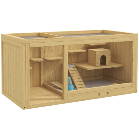 Naturfarbener Hamsterkäfig aus Holz (100cm) mit Spielhaus, Schaukeln & Leitern.