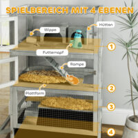 Grauer Hamsterkäfig aus Holz (65x45x109cm) mit Schloss, Wippe, Rampen & Rollen.