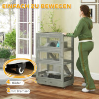 Grauer Hamsterkäfig aus Holz (65x45x109cm) mit Schloss, Wippe, Rampen & Rollen.