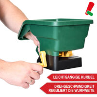 Handlicher 3L-Streuwagen mit einstellbarer Streubreite für Saatgut, Dünger oder Salz.