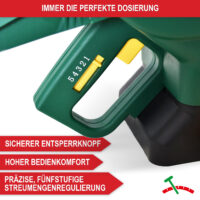 Handlicher 3L-Streuwagen mit einstellbarer Streubreite für Saatgut, Dünger oder Salz.