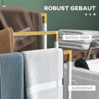 Weisser freistehender Handtuchhalter aus Stahl und Bambus mit 3 Stangen