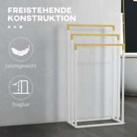 Weisser freistehender Handtuchhalter aus Stahl und Bambus mit 3 Stangen