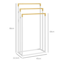 Weisser freistehender Handtuchhalter aus Stahl und Bambus mit 3 Stangen