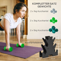 Set mit 6 Kurzhanteln (2x1kg, 2x3kg, 2x5kg) mit Hantelständer.