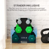 Set mit 6 Kurzhanteln (2x1kg, 2x3kg, 2x5kg) mit Hantelständer.
