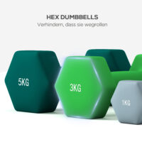 Set mit 6 Kurzhanteln (2x1kg, 2x3kg, 2x5kg) mit Hantelständer.