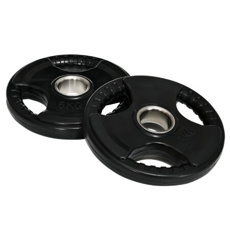 Gummierte Tri-Grip Hantelscheiben 2x5kg für Training.